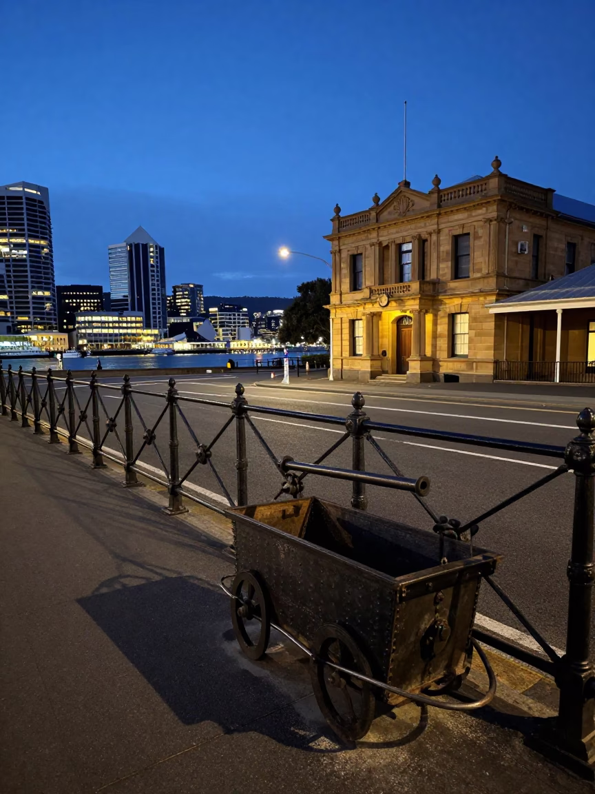 Blue Hour Street Scene in Hobart Tasmania with Vintage Coal Scuttle and Urban Architecture in in Hobart, Tasmania, Australia