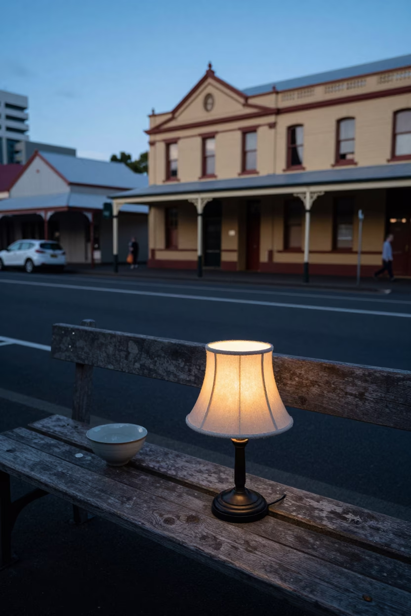 Blue Hour Street Scene in Hobart Tasmania with Vintage Lampshade and Bowl in in Hobart, Tasmania, Australia