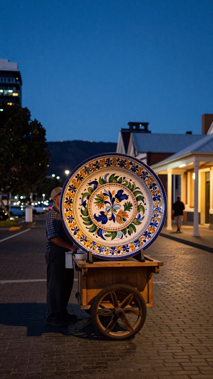Blue Hour Street Scene in Hobart Tasmania with Vintage Majolica Plate in in Hobart, Tasmania, Australia