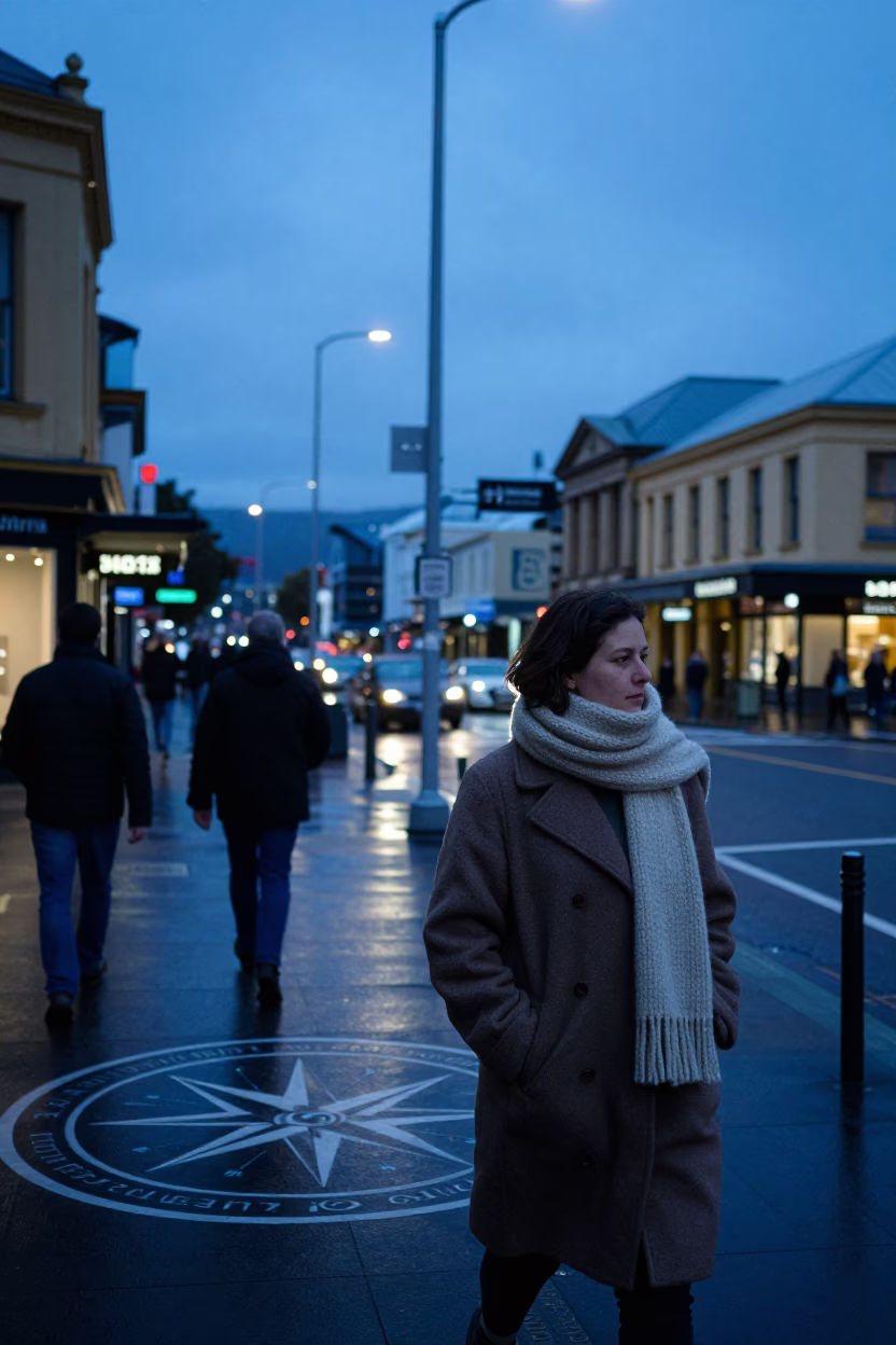 Blue Hour Street Scene in Hobart Tasmania with Wool Scarves and Compass Rose Detail in in Hobart, Tasmania, Australia