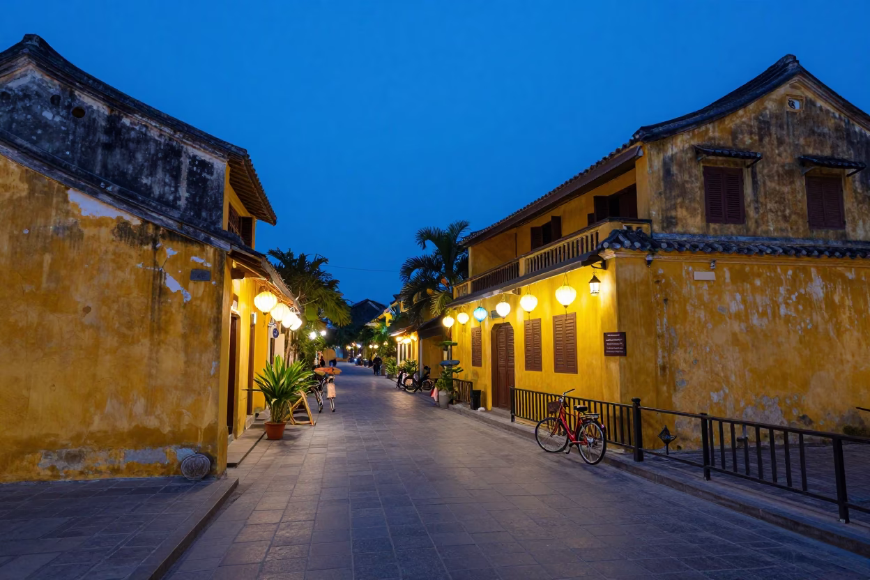 Blue Hour Street Scene in Hoi An Vietnam with Bicycle and Lanterns in in Hoi An, Vietnam