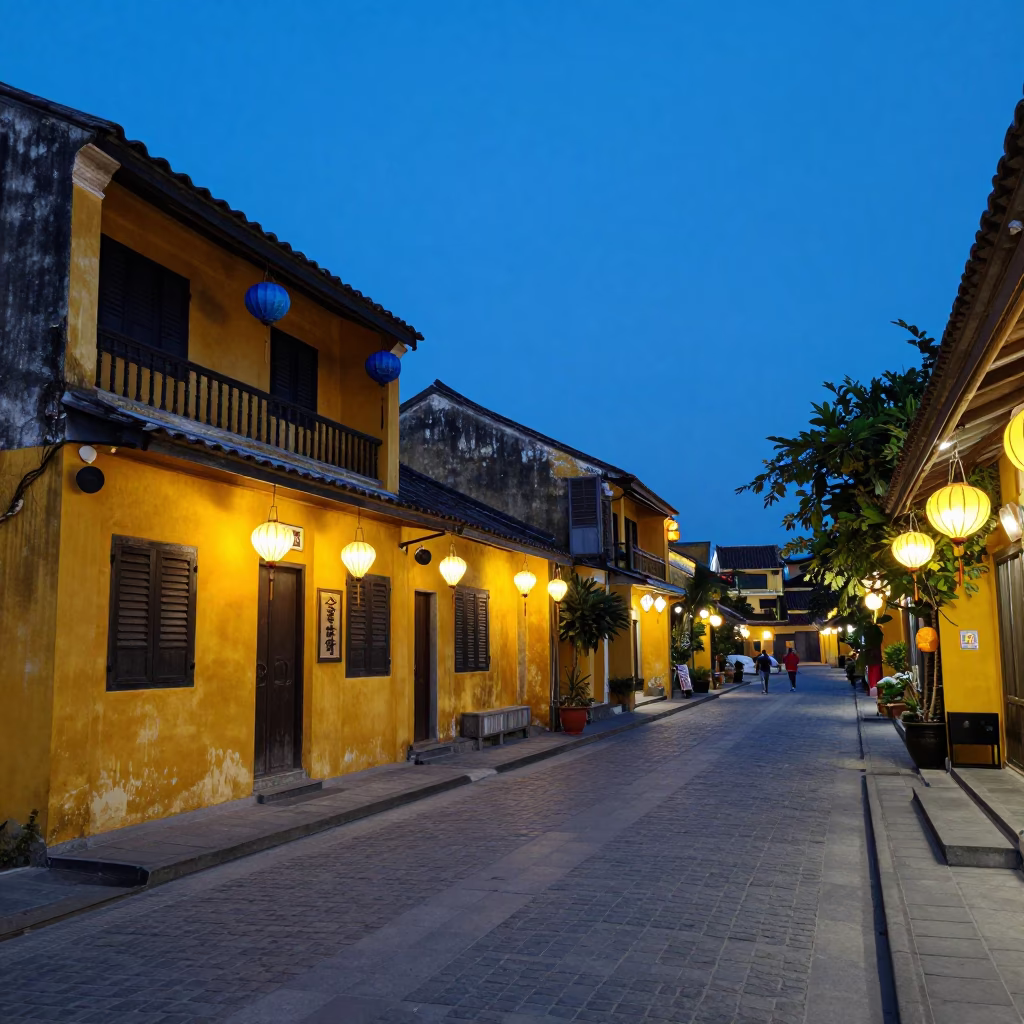 Blue Hour Street Scene in Hoi An Vietnam with Lanterns and Cobblestones in in Hoi An, Vietnam