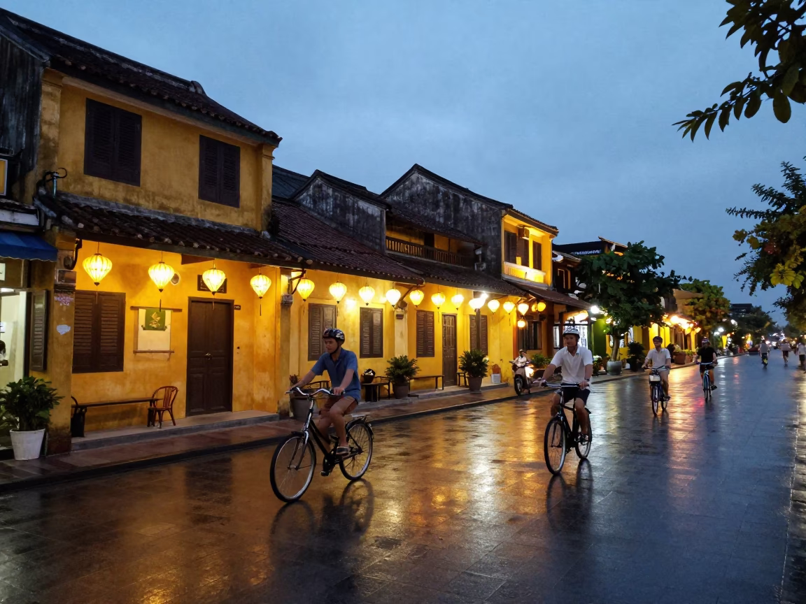 Blue Hour Street Scene in Hoi An Vietnam with Lanterns and Cyclists in in Hoi An, Vietnam