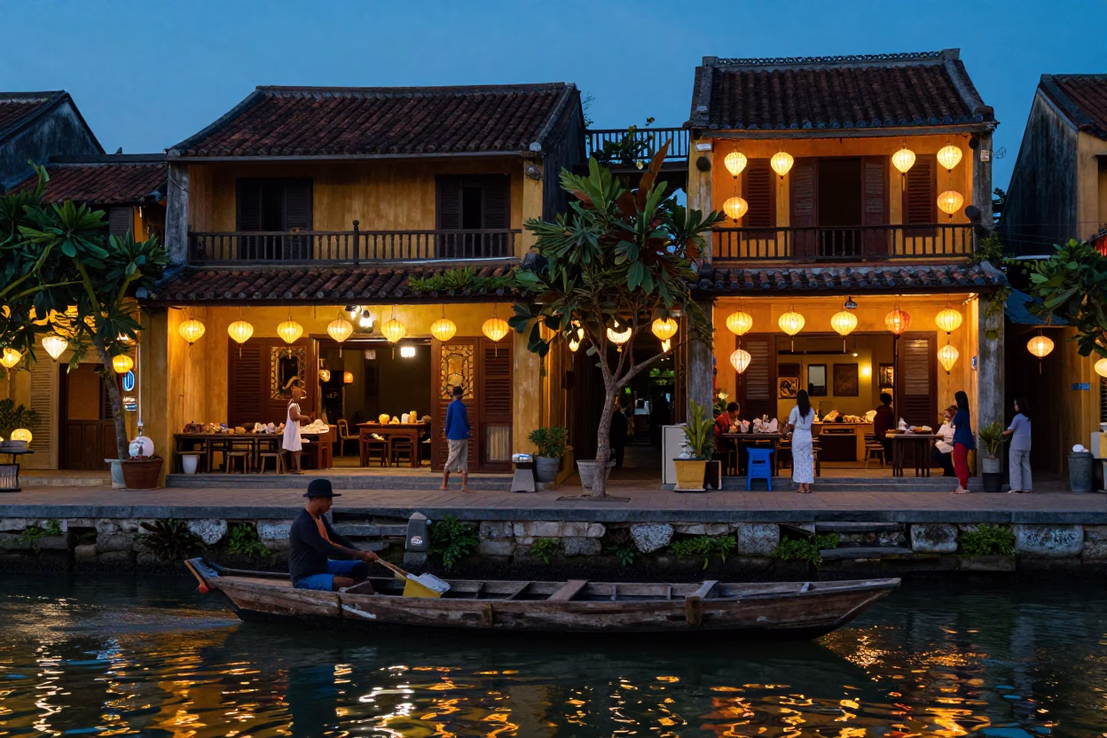 Blue Hour Street Scene in Hoi An Vietnam with Lanterns and River Activity in in Hoi An, Vietnam