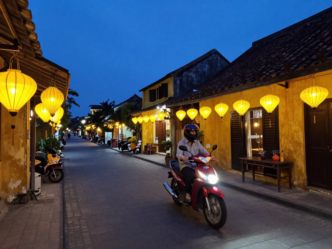 Blue Hour Street Scene in Hoi An Vietnam with Lanterns and Scooters in in Hoi An, Vietnam