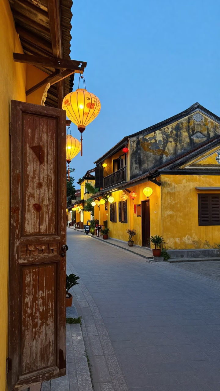 Blue Hour Street Scene in Hoi An Vietnam with Lanterns and Tea Stains in in Hoi An, Vietnam