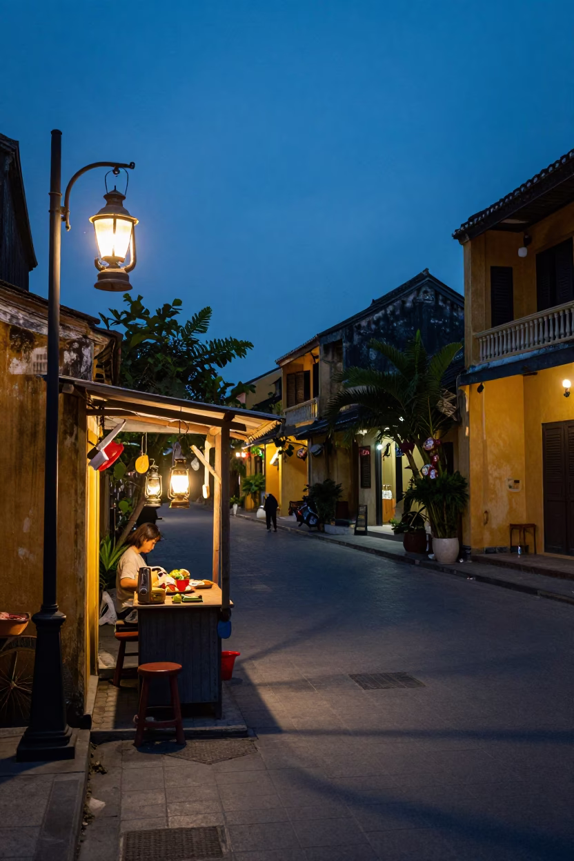 Blue Hour Street Scene in Hoi An Vietnam with Oil Lamp and Traditional Architecture in in Hoi An, Vietnam