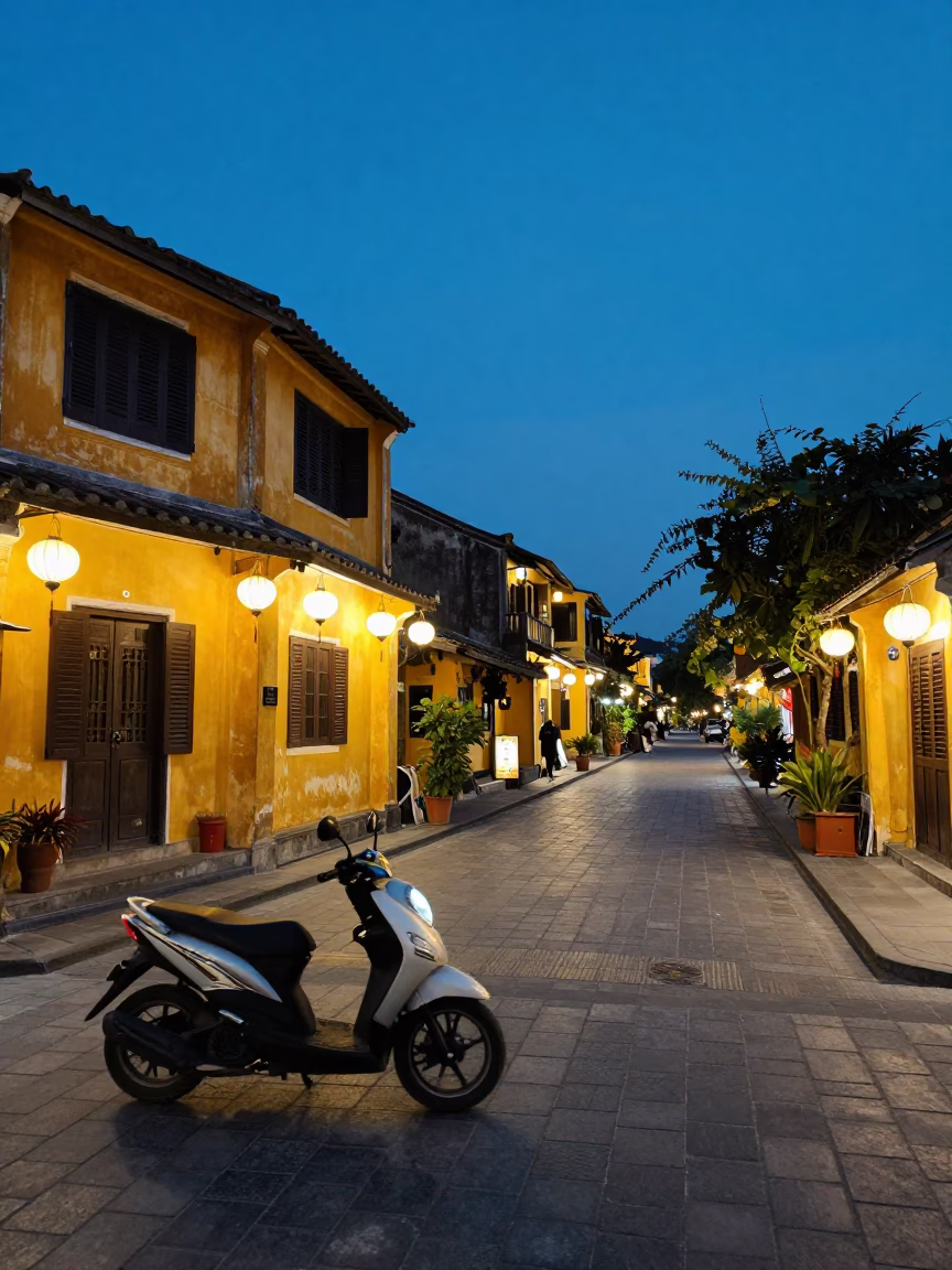 Blue Hour Street Scene in Hoi An Vietnam with Scooter and Lanterns in in Hoi An, Vietnam