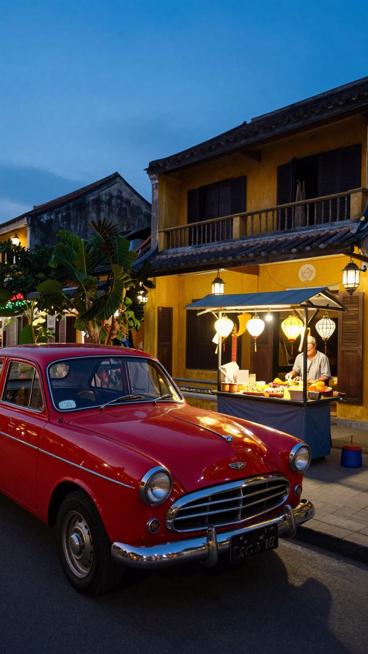 Blue Hour Street Scene in Hoi An Vietnam with Vintage Red Car and Coffee in in Hoi An, Vietnam