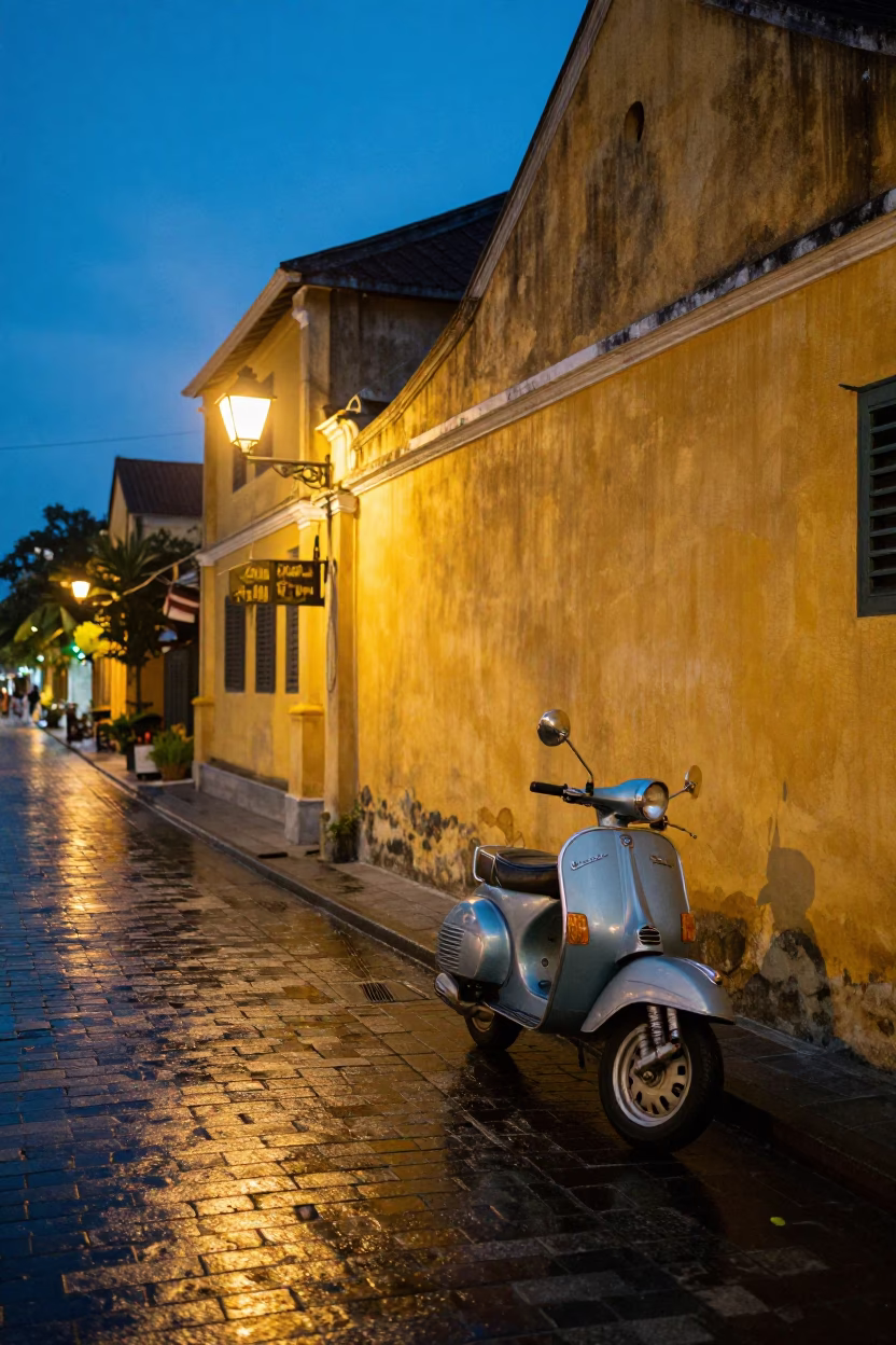 Blue Hour Street Scene in Hoi An Vietnam with Vintage Vespa on Cobblestone Lane in in Hoi An, Vietnam