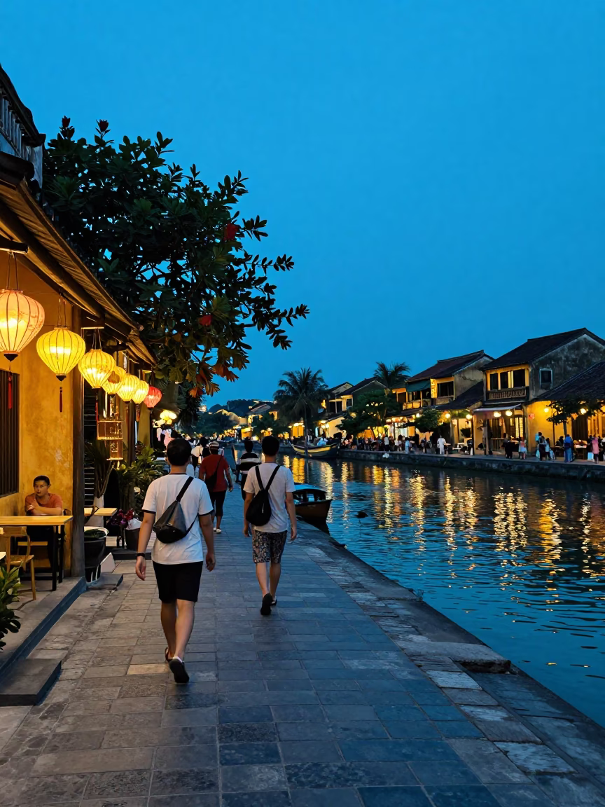 Blue Hour Street Scene in Hoi An with Paper Lanterns in in Hoi An, Vietnam