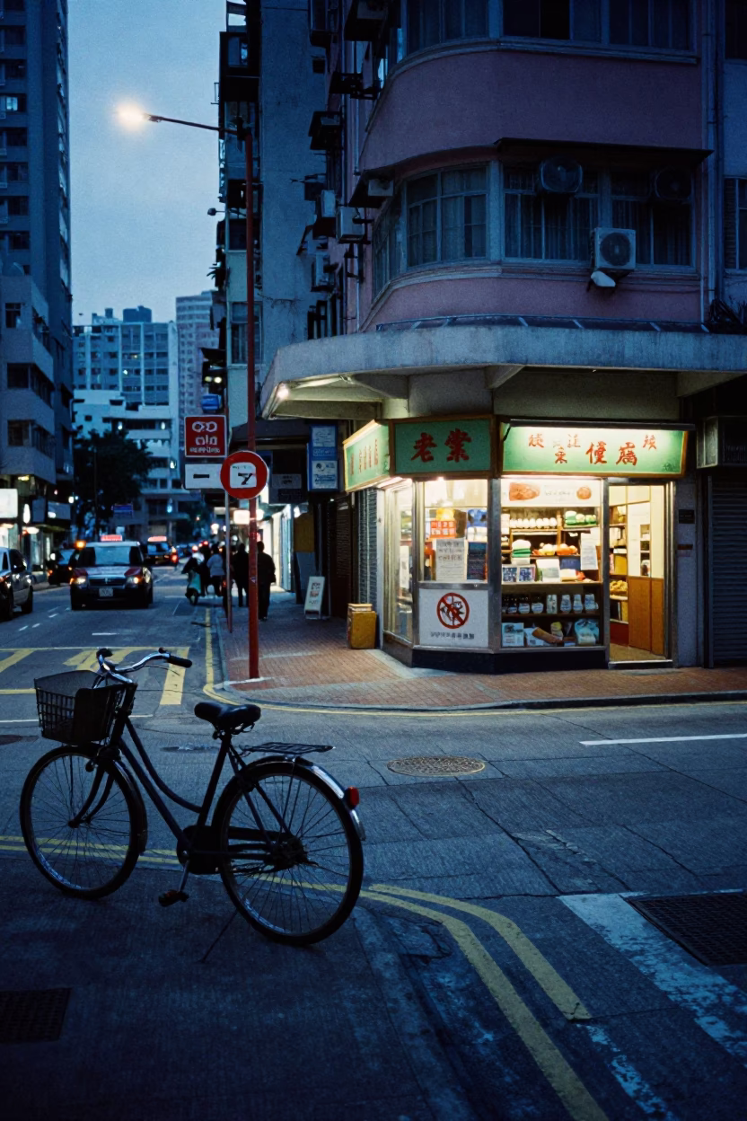 Blue Hour Street Scene in Hong Kong with Bicycle and Bakery in in Hong Kong, Hong Kong