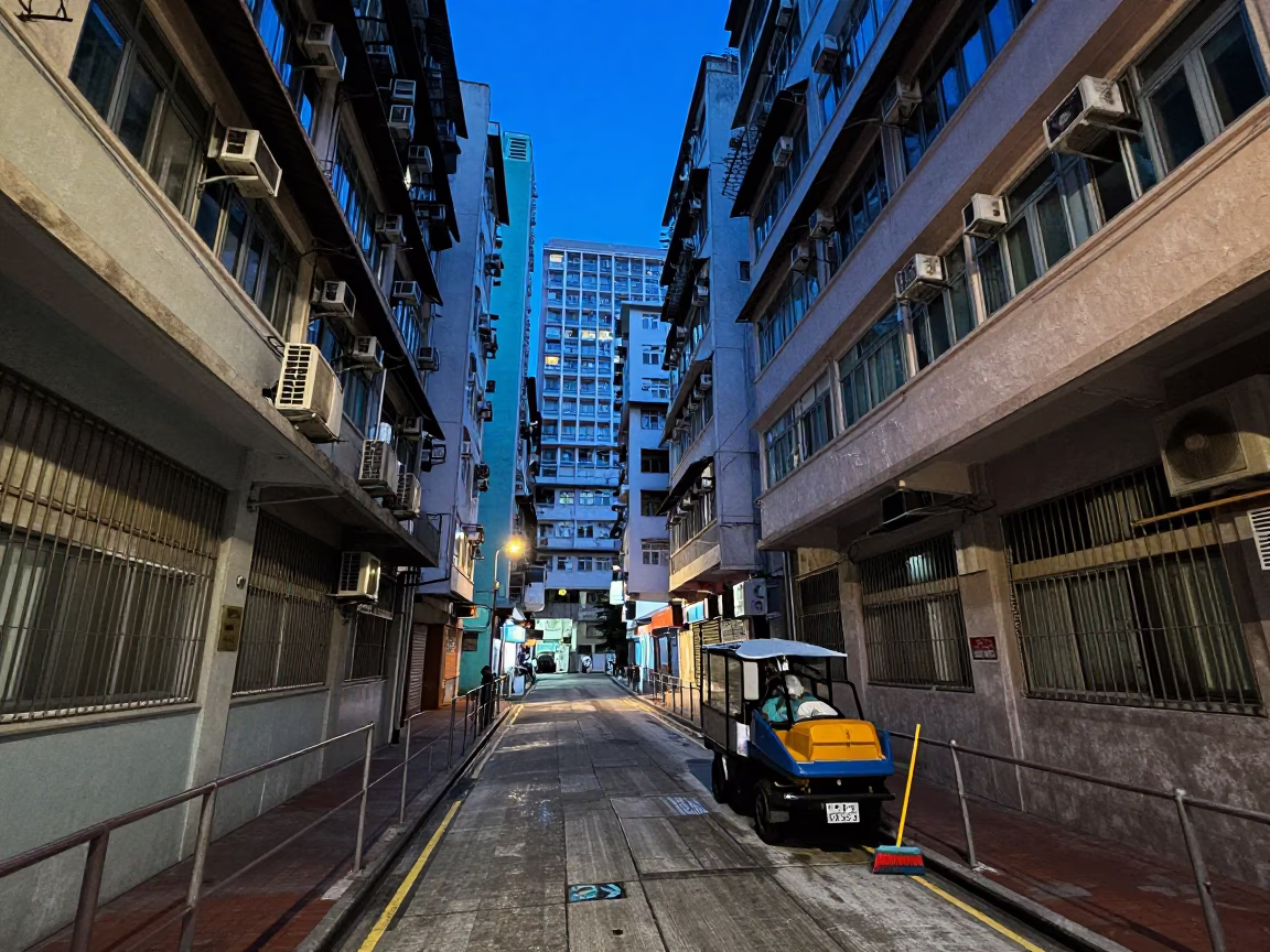 Blue Hour Street Scene in Hong Kong with Brooms and Urban Details in in Hong Kong, Hong Kong