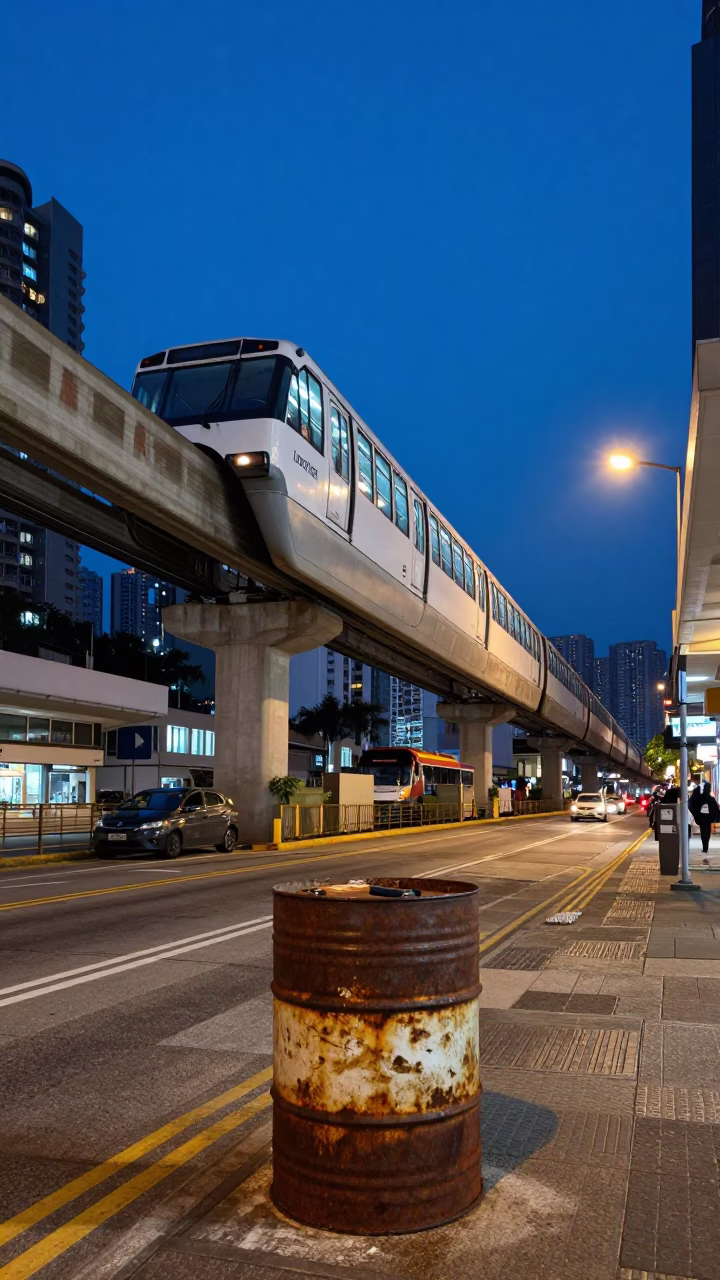 Blue Hour Street Scene in Hong Kong with Monorail and Rusty Metal Bucket in in Hong Kong, Hong Kong