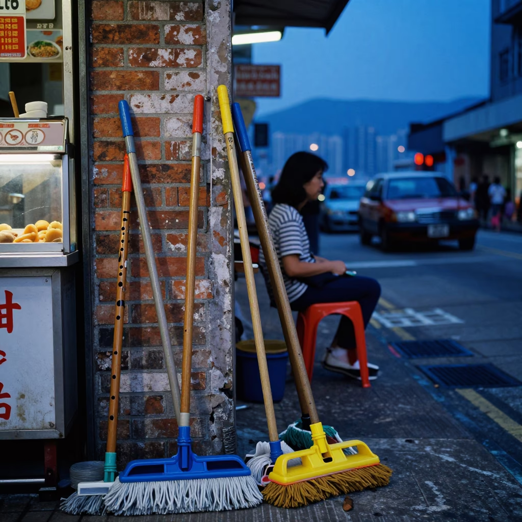 Blue Hour Street Scene in Hong Kong with Mops and Wooden Flute in in Hong Kong, Hong Kong