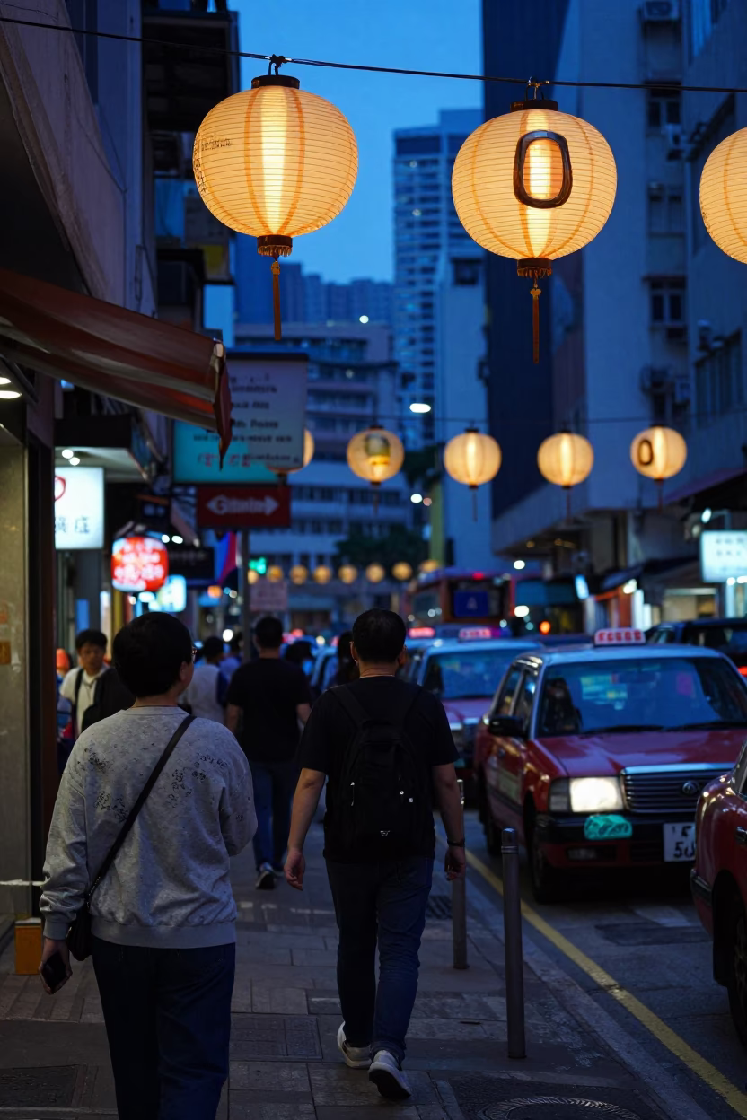 Blue Hour Street Scene in Hong Kong with Paper Lantern and Signet Ring Detail in in Hong Kong, Hong Kong