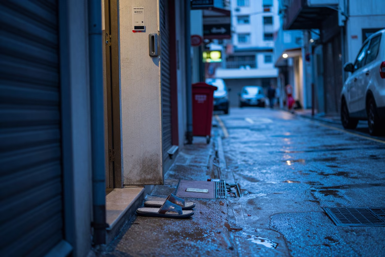 Blue Hour Street Scene in Hong Kong with Slippers and Urban Details in in Hong Kong, Hong Kong