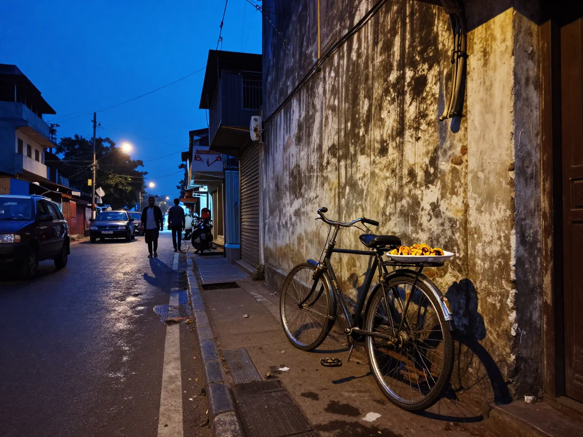 Blue Hour Street Scene in Hyderabad India with Bicycle and Shawarma Plate in in Hyderabad, India