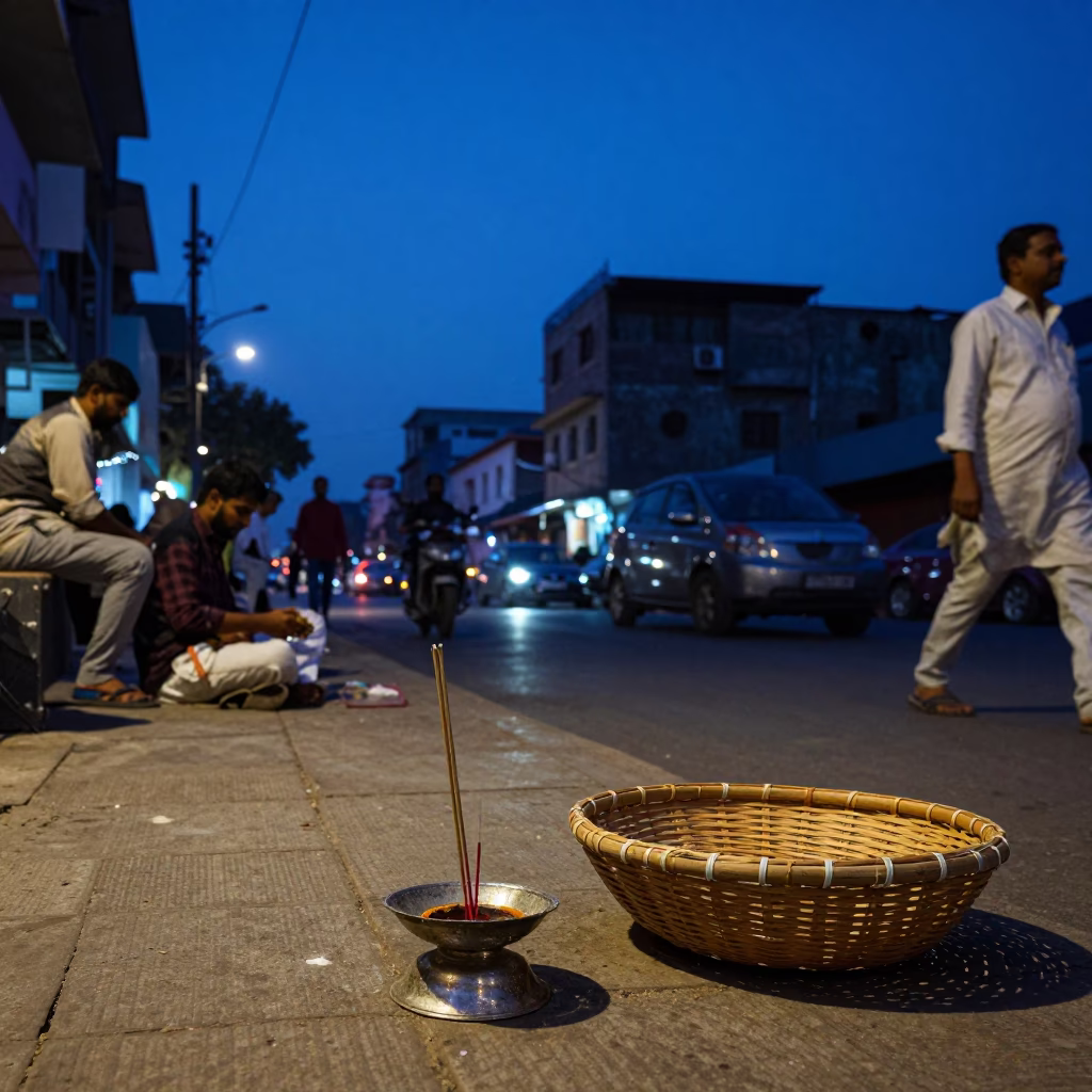 Blue Hour Street Scene in Hyderabad India with Incense Holder and Woven Basket in in Hyderabad, India