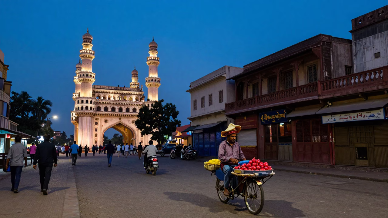 Blue Hour Street Scene in Hyderabad India with Pomegranate Seller and Traditional Architecture in in Hyderabad, India