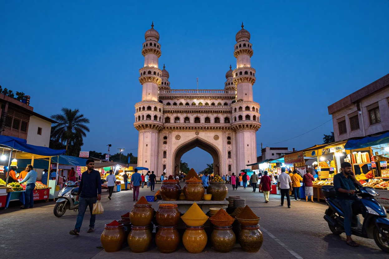 Blue Hour Street Scene in Hyderabad India with Spice Jars and Local Market Activity in in Hyderabad, India