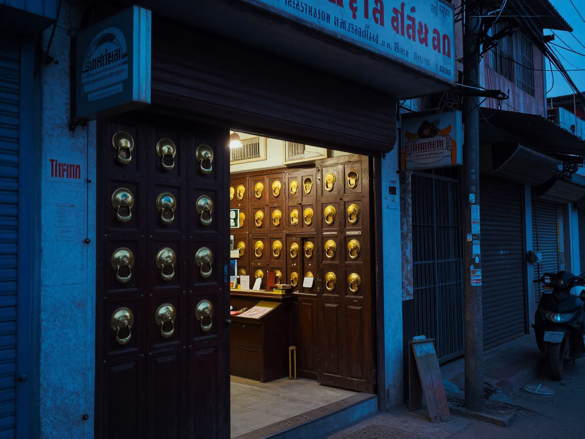 Blue Hour Street Scene in Hyderabad India with Tiffin Tin and Wooden Stool in in Hyderabad, India