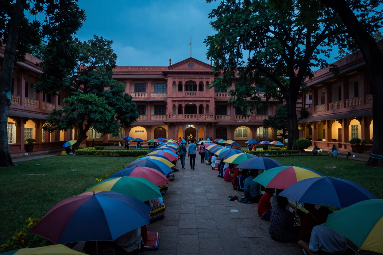 Blue Hour Street Scene in Hyderabad India with Umbrellas and Courtyard Activity in in Hyderabad, India