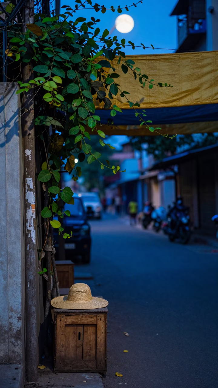 Blue Hour Street Scene in Hyderabad India with Vine and Sun Hat in in Hyderabad, India