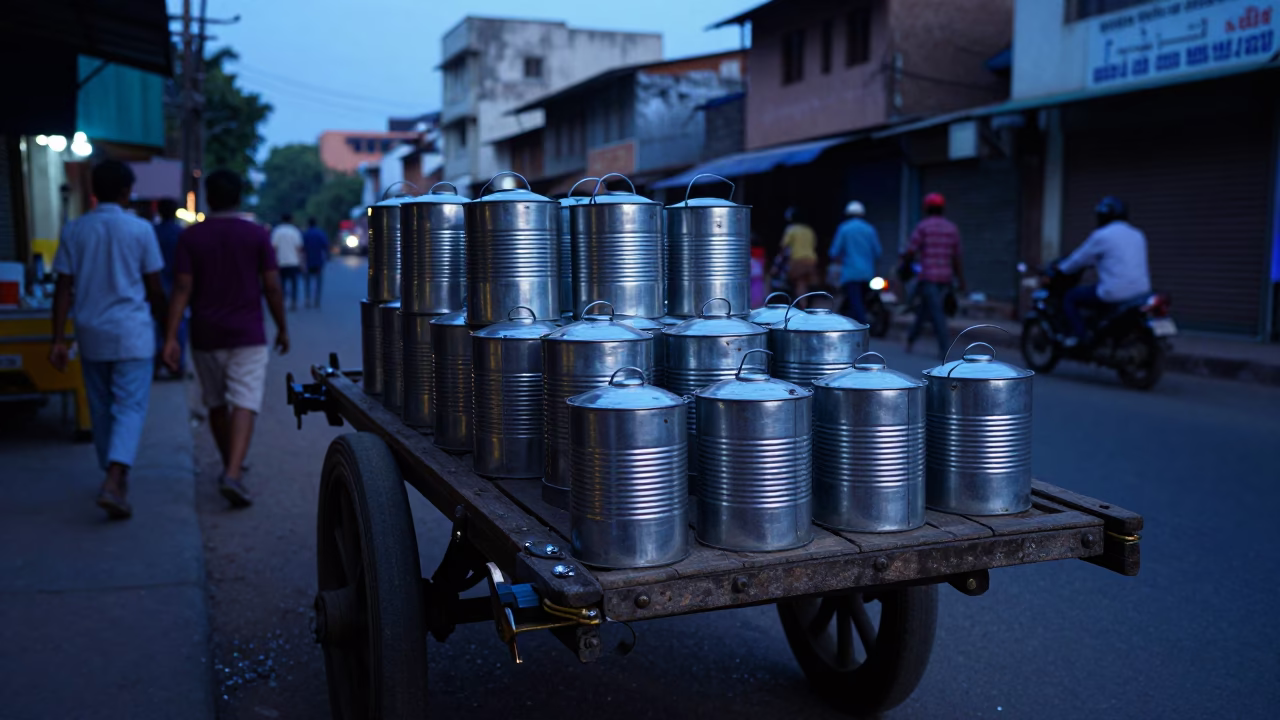 Blue Hour Street Scene in Hyderabad India With Vintage Canister Set and Salt Spoon in in Hyderabad, India