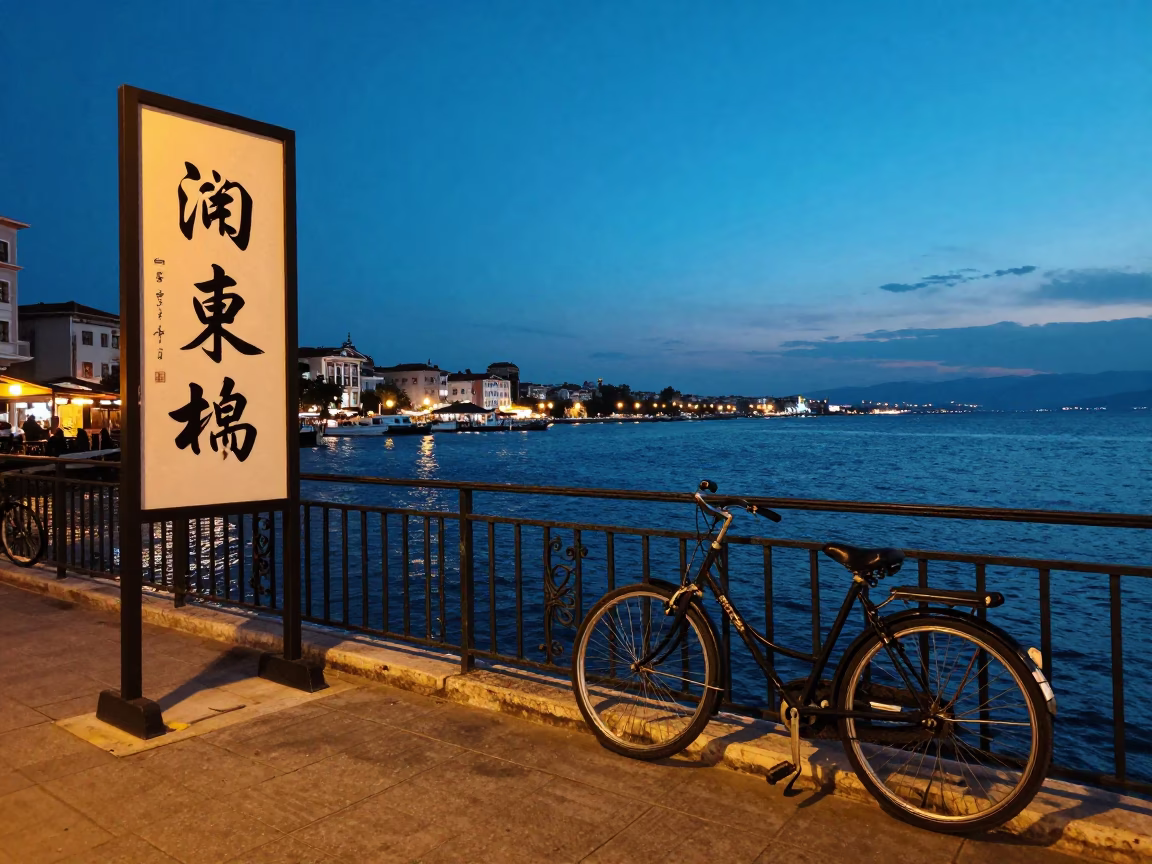 Blue Hour Street Scene in Izmir Turkey with Bicycle and Traditional Calligraphy in in Izmir, Turkey