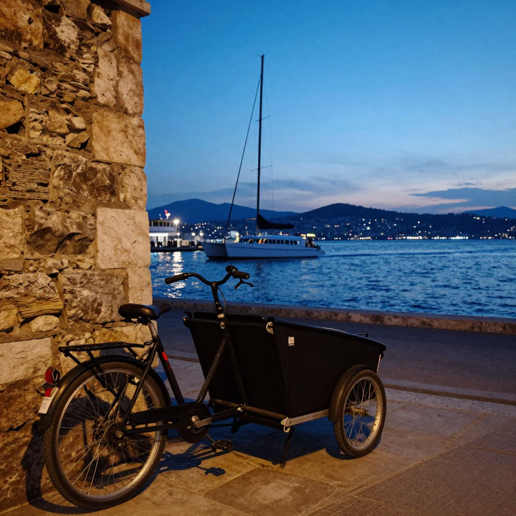 Blue Hour Street Scene in Izmir Turkey with Cargo Bicycle and Catamaran in in Izmir, Turkey