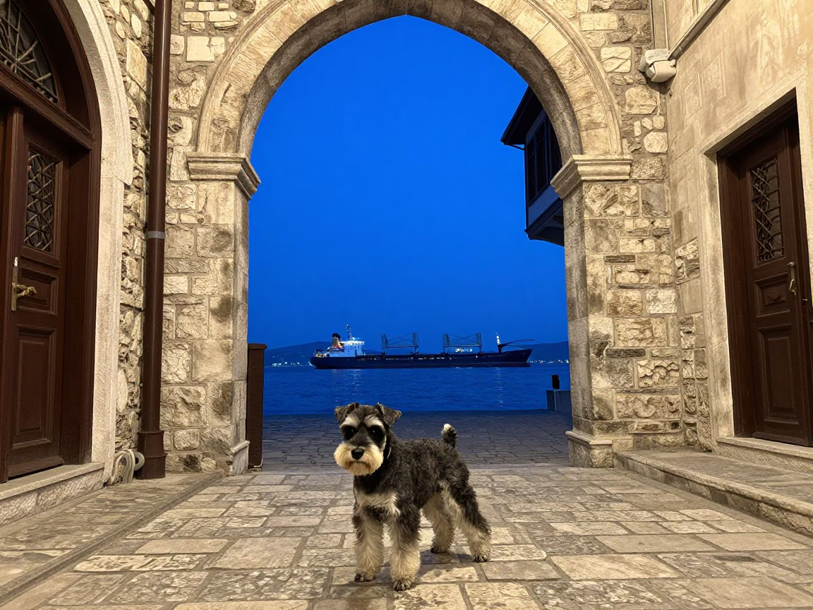 Blue Hour Street Scene in Izmir Turkey with Cargo Ship on Horizon in in Izmir, Turkey