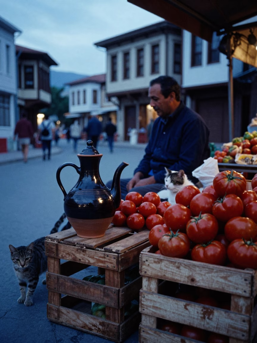 Blue Hour Street Scene in Izmir Turkey with Clay Teapot and Cat in in Izmir, Turkey