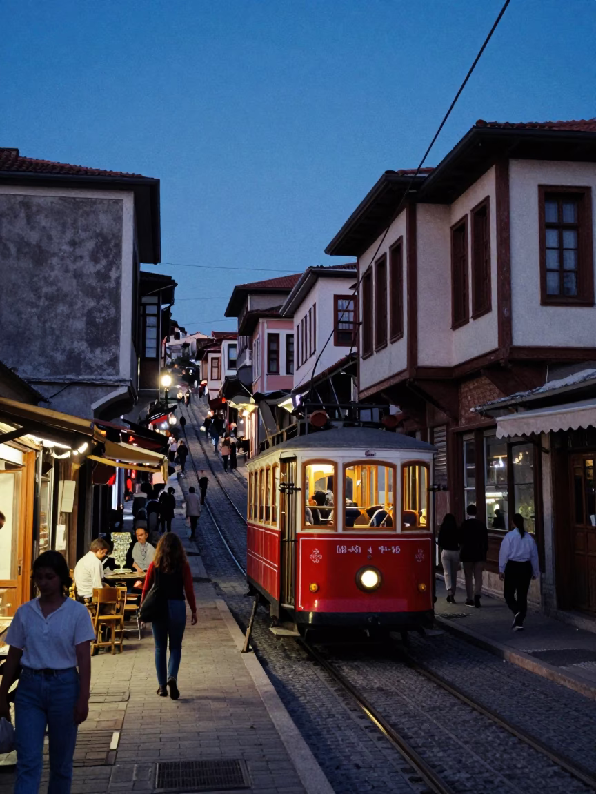Blue Hour Street Scene in Izmir Turkey with Funicular and Local Life in in Izmir, Turkey