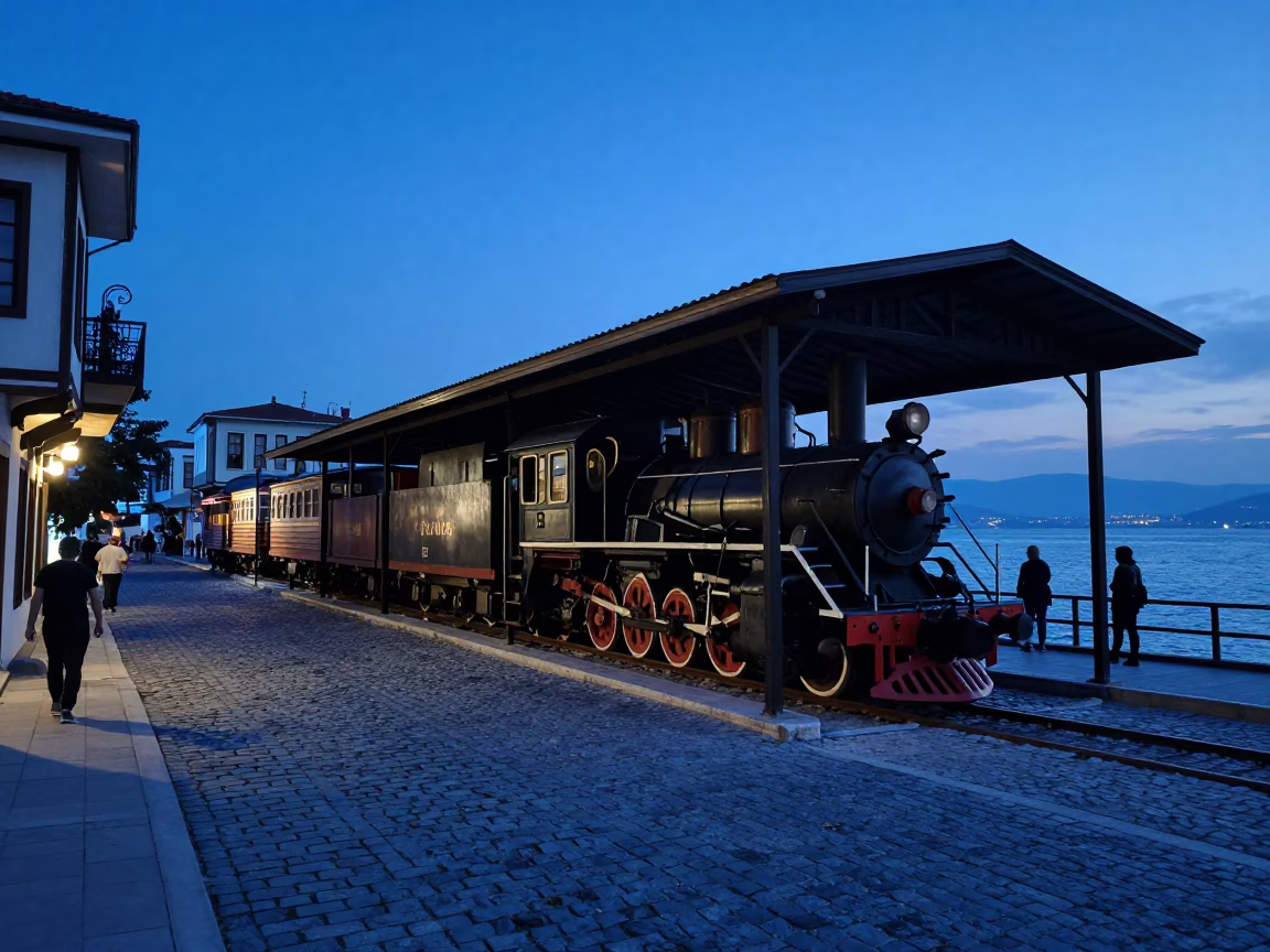 Blue Hour Street Scene in Izmir Turkey with Heritage Locomotive and Harbor View in in Izmir, Turkey