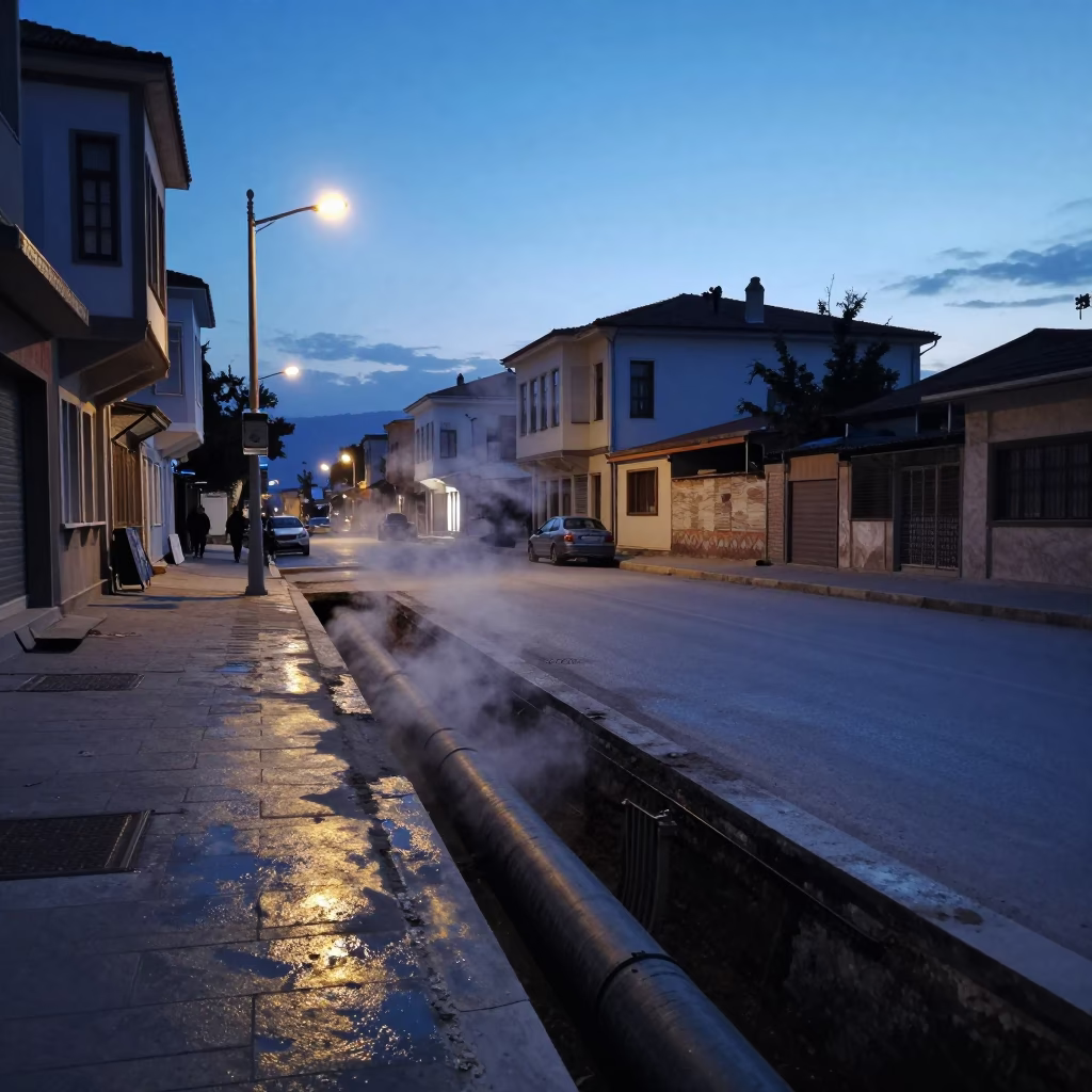 Blue Hour Street Scene in Izmir Turkey with Steaming District Heating Pipe Trench in in Izmir, Turkey