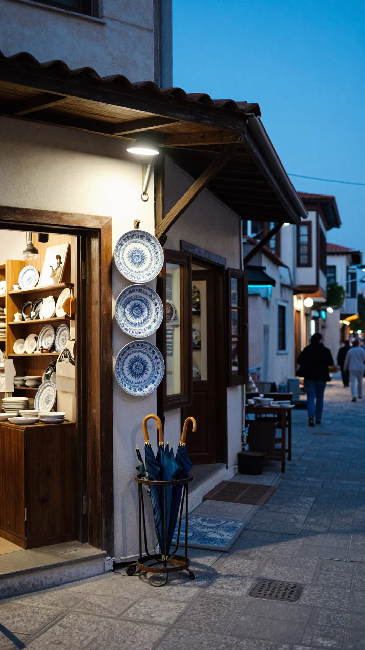 Blue Hour Street Scene in Izmir Turkey with Umbrella Stand and Porcelain Plate in in Izmir, Turkey