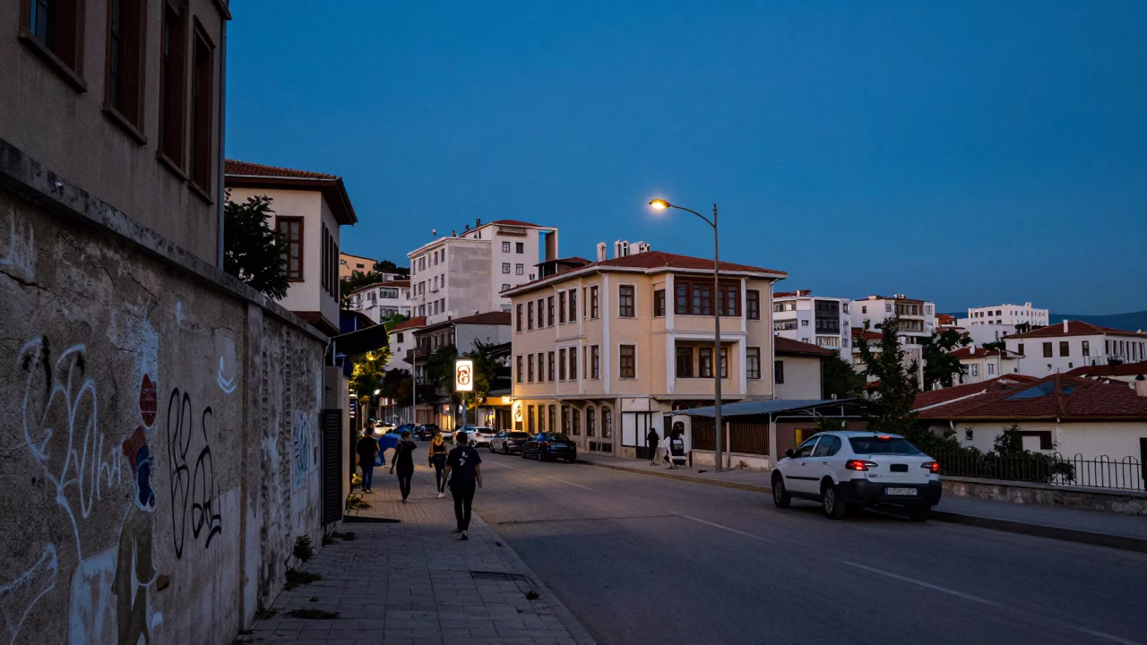 Blue Hour Street Scene in Izmir Turkey with Vintage 1960s Aesthetic and Urban Details in in Izmir, Turkey