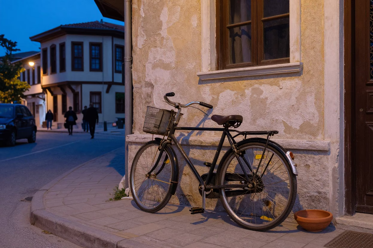 Blue Hour Street Scene in Izmir Turkey with Vintage Bicycle and Terracotta Bowl in in Izmir, Turkey