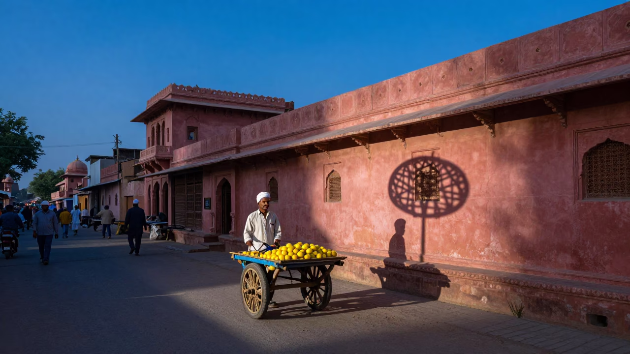 Blue Hour Street Scene in Jaipur India with Lemon Vendor and Wicker Shadow in in Jaipur, India