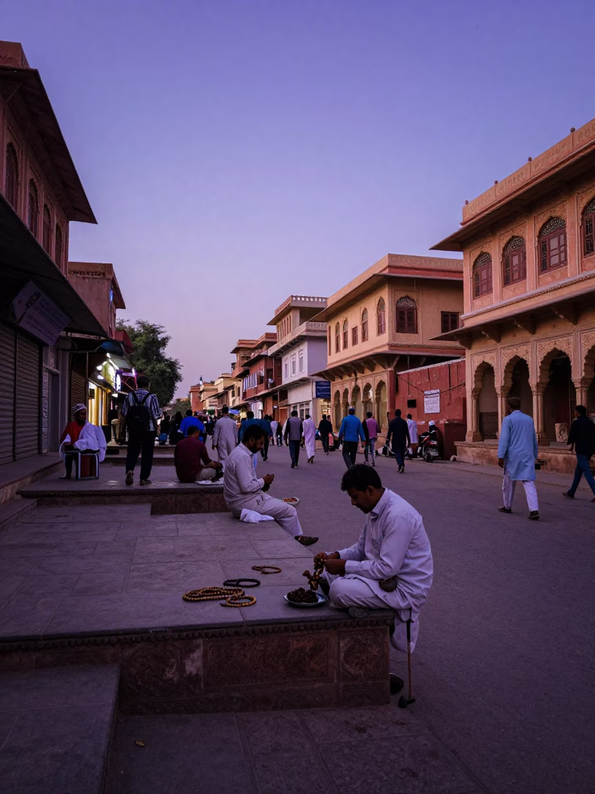 Blue Hour Street Scene in Jaipur India with Prayer Beads and Evening Activity in in Jaipur, India