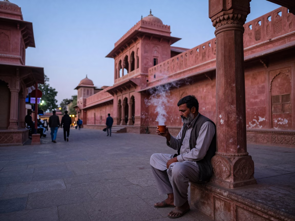 Blue Hour Street Scene in Jaipur India with Steam and Terracotta in in Jaipur, India