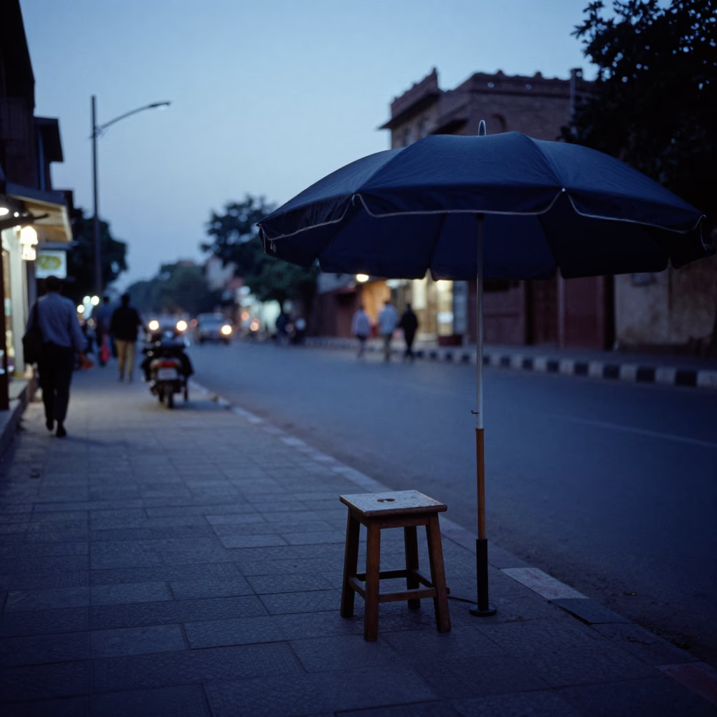 Blue Hour Street Scene in Jaipur India with Stool and Umbrella in in Jaipur, India