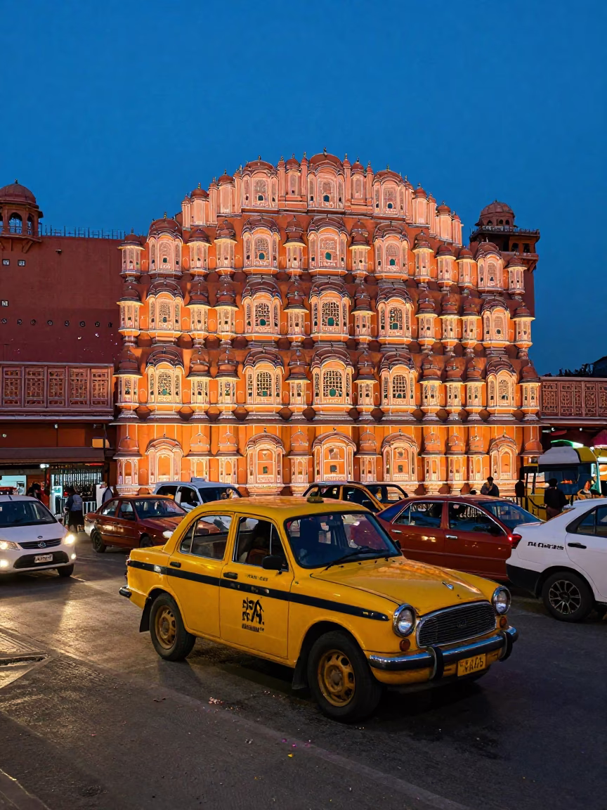Blue Hour Street Scene in Jaipur India with Yellow Taxi and Petals in in Jaipur, India