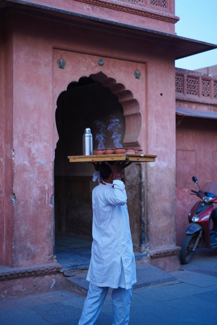 Blue Hour Street Scene in Jaipur with Wooden Tray and Thermos in in Jaipur, India