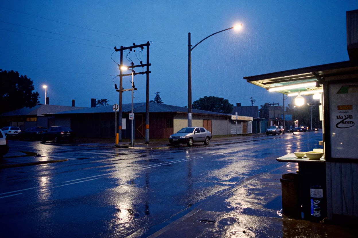 Blue Hour Street Scene in Johannesburg South Africa with Substation Insulators and Rain in in Johannesburg, South Africa