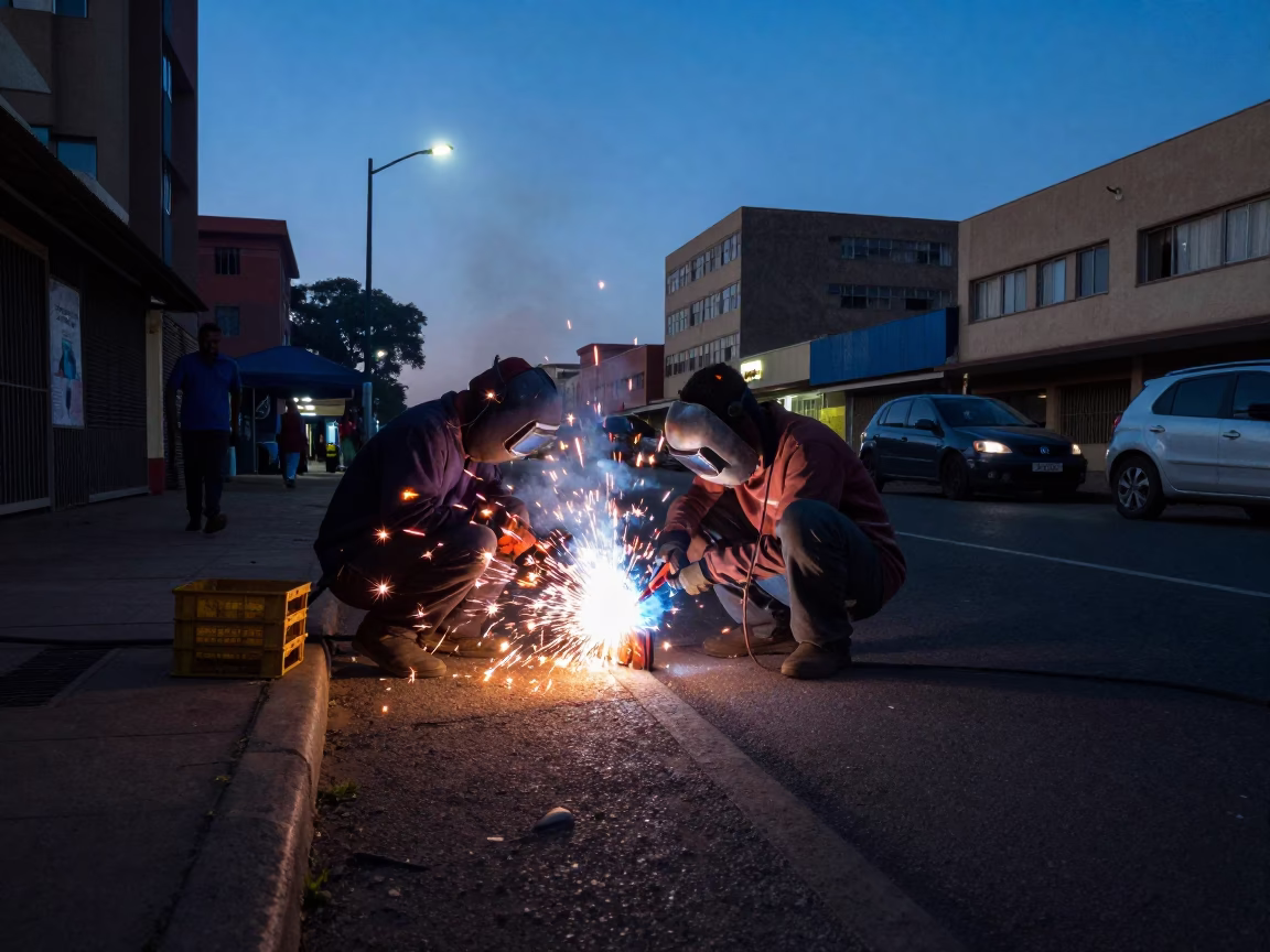 Blue Hour Street Scene in Johannesburg South Africa with Welding Sparks and Urban Activity in in Johannesburg, South Africa