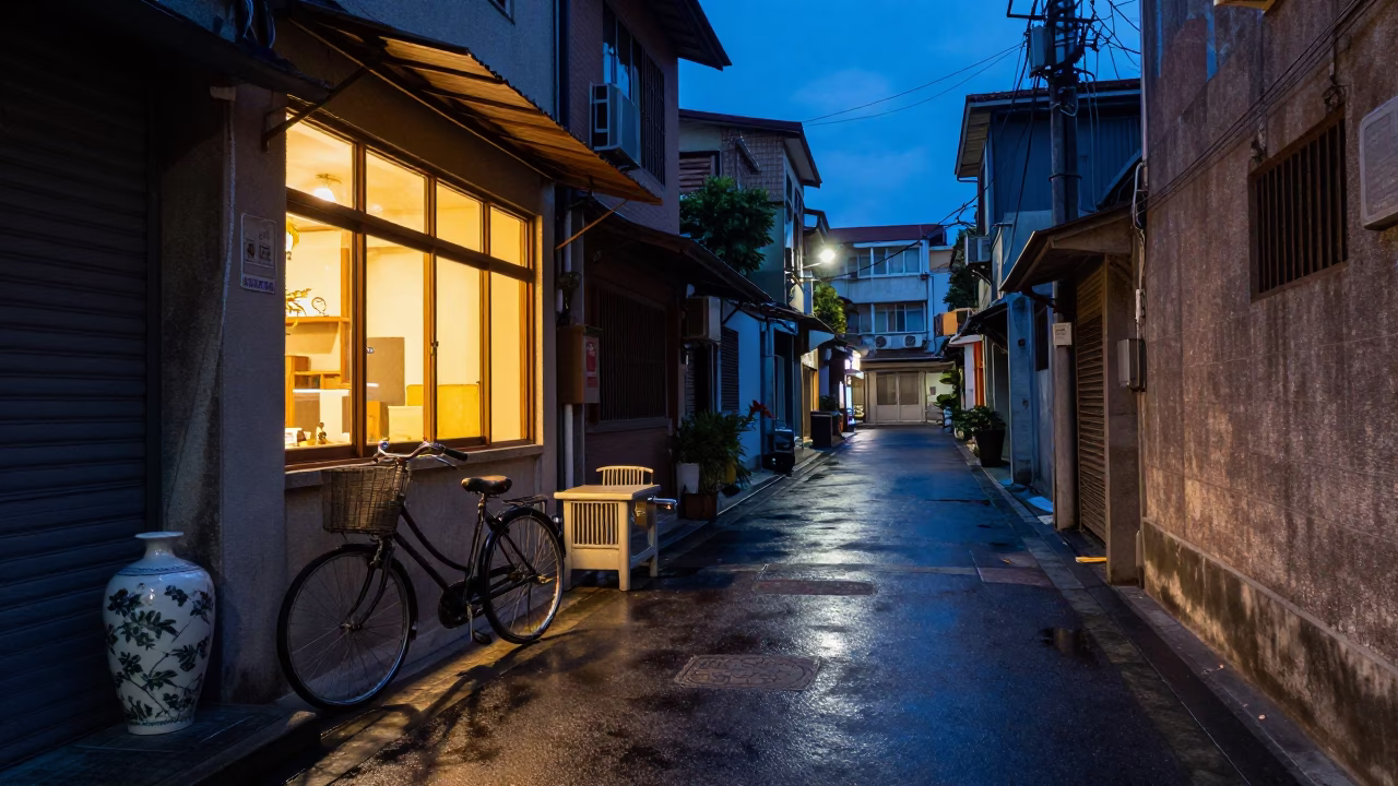 Blue Hour Street Scene in Kaohsiung Taiwan with Bicycle and Ceramic Bottle in in Kaohsiung, Taiwan