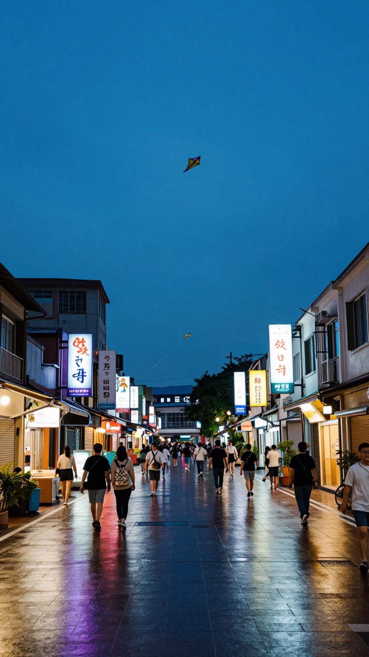 Blue Hour Street Scene in Kaohsiung Taiwan with Kites and Urban Life in in Kaohsiung, Taiwan