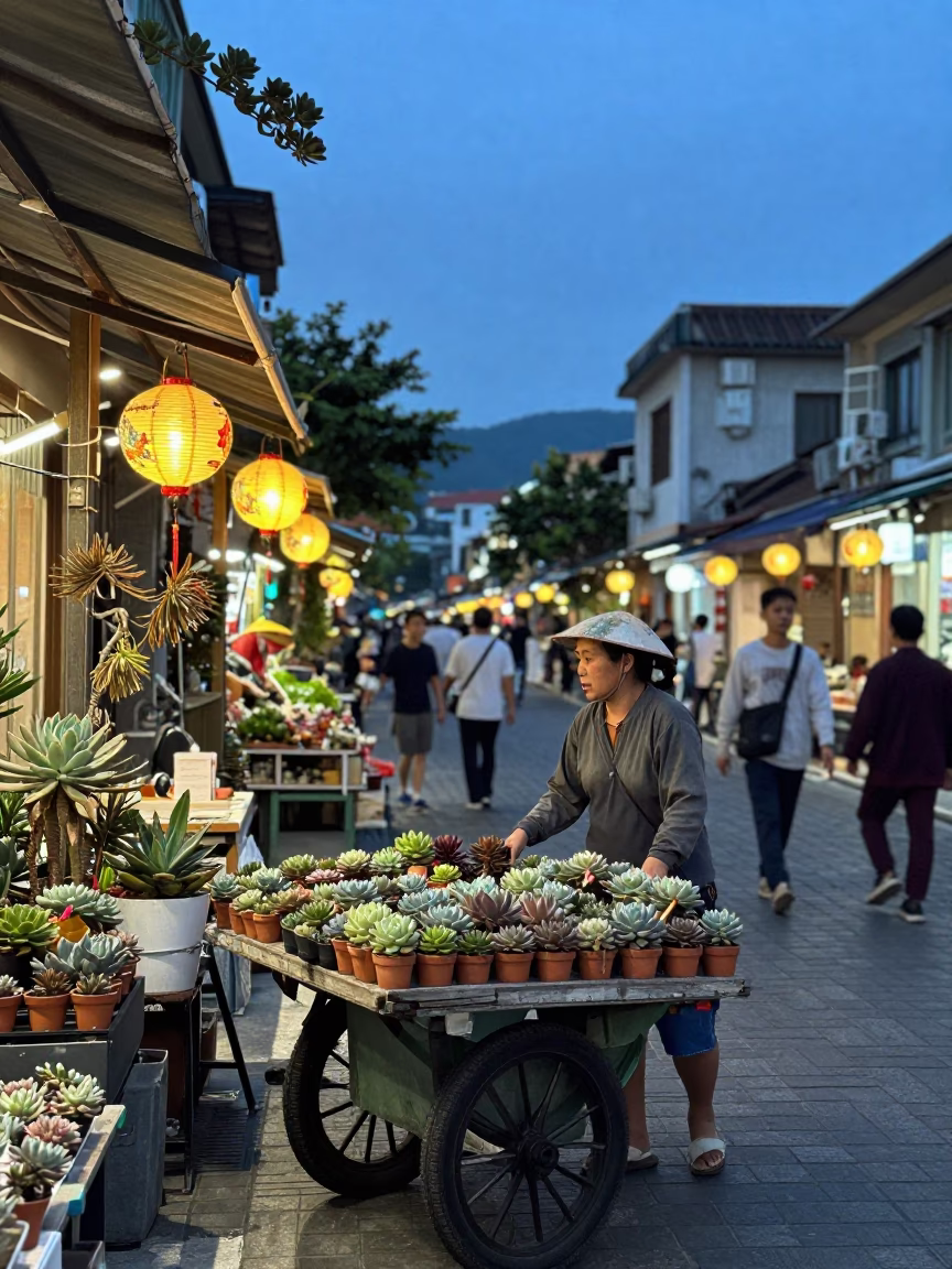 Blue Hour Street Scene in Kaohsiung Taiwan with Succulents and Lanterns in in Kaohsiung, Taiwan